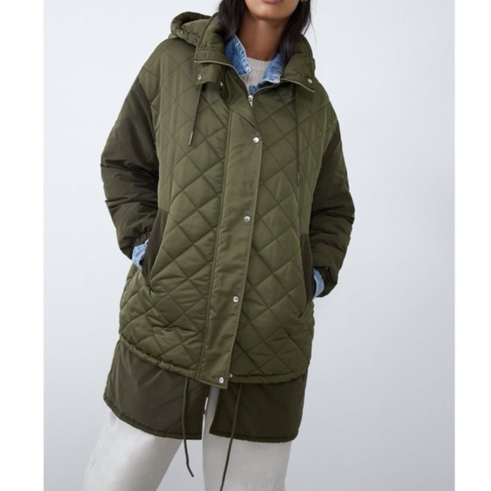 Zara Long Oversized Tonal Army Green Puffer Hooded Jacket Small
